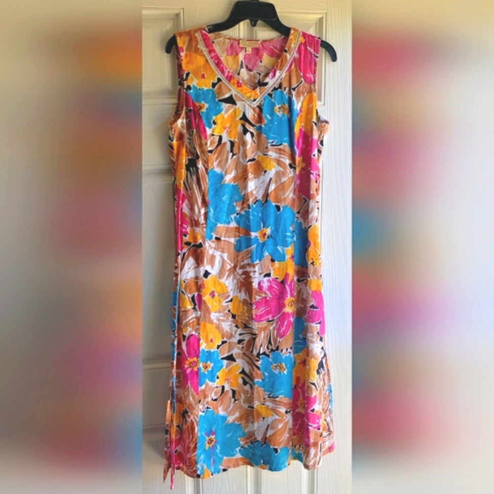 Choices 100% Linen Floral Sleeveless V Neck Dress Size Medium - Picture 1 of 9